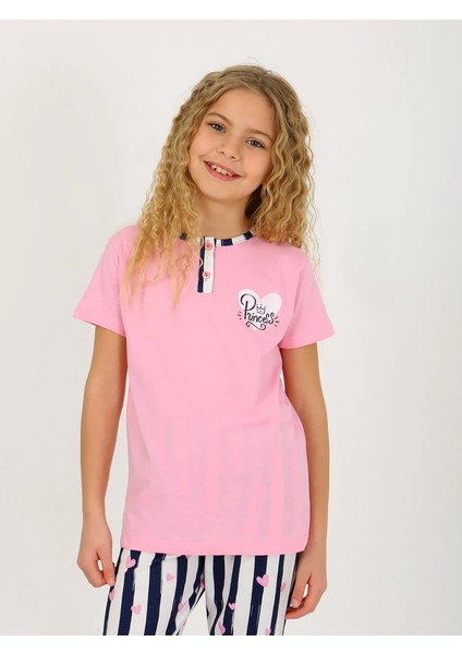 Minykids Kalp Desen Pembe Kısa Kollu Düğmeli Yaka %100 Pamuklu Kız Çocuk Pijama Takım fırsatları