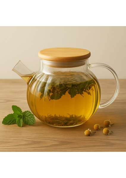 Isıya Dayanıklı Süzgeçli Cam Bambu Demlik 1000ML