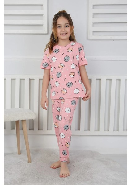 Minykids Kedi Desen Pembe Kısa Kollu %100 Pamuklu Kız Çocuk Pijama Takım