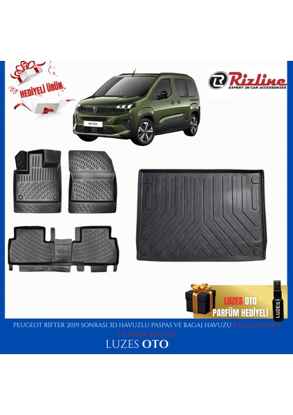 Peugeot Rifter 3D Havuzlu Paspas (2+1 Arka Koltuk) ve Bagaj Havuzu Bagaj Demirli 2019 Model Uyumlu