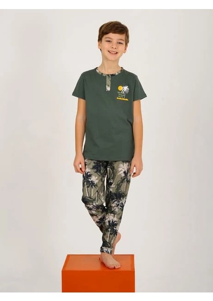 Minykids Yeşil Palmiye Desen Kısa Kollu %100 Pamuklu Erkek Çocuk Pijama Takım