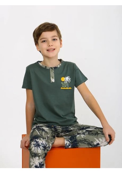 Minykids Yeşil Palmiye Desen Kısa Kollu %100 Pamuklu Erkek Çocuk Pijama Takım fiyatları