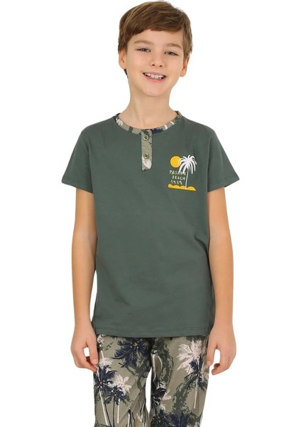 Minykids Yeşil Palmiye Desen Kısa Kollu %100 Pamuklu Erkek Çocuk Pijama Takım modelleri