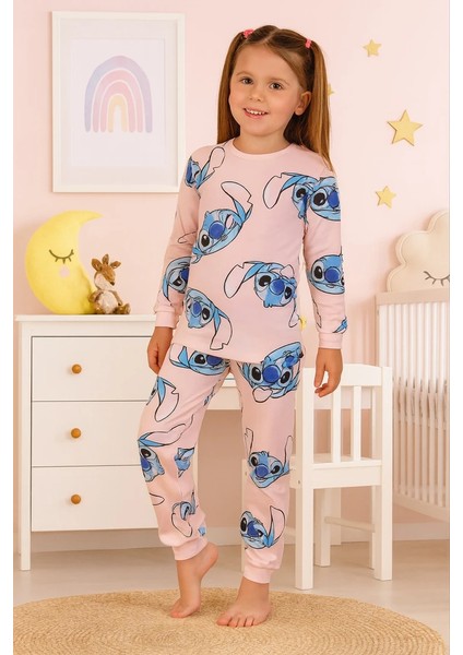 Minykids Stitch Desen %100 Pamuklu Pudra Pembe Kız Çocuk Pijama Takım