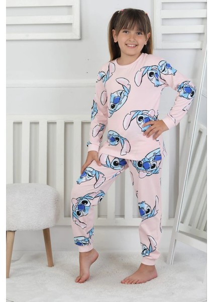 Minykids Stitch Desen %100 Pamuklu Pudra Pembe Kız Çocuk Pijama Takım fiyatları