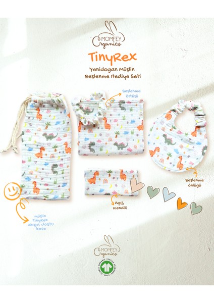 Tinyrex %100 Organik Müslin Yenidoğan Beslenme Hediye Seti – Emzirme Örtüsü, Ağız Mendili, Beslenme Önlüğü ve Kese