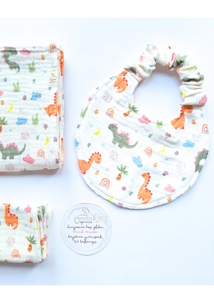 Tinyrex %100 Organik Müslin Yenidoğan Beslenme Hediye Seti – Emzirme Örtüsü, Ağız Mendili, Beslenme Önlüğü ve Kese