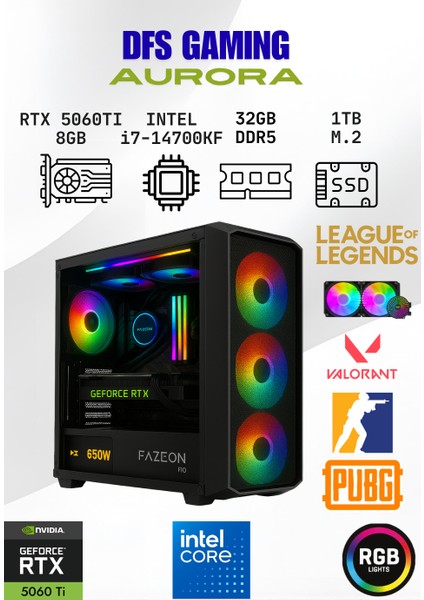 Dfs Gaming Aurora Intel I7 14700KF-H610M-RTX 5060 Tı 8GB-32GB Ddr5-1tb Ssd-Sıvı Soğutmalı Oyuncu Bilgisayarı