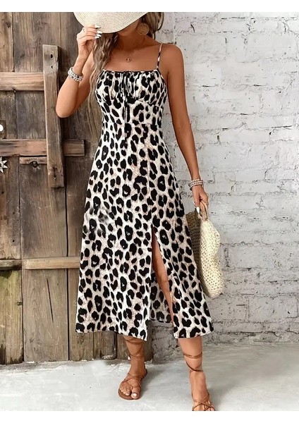 Kadın Askılı Yakadan Bağcıklı Yırtmaçlı Leopar Desenli Midi Süprem Elbise fırsatları