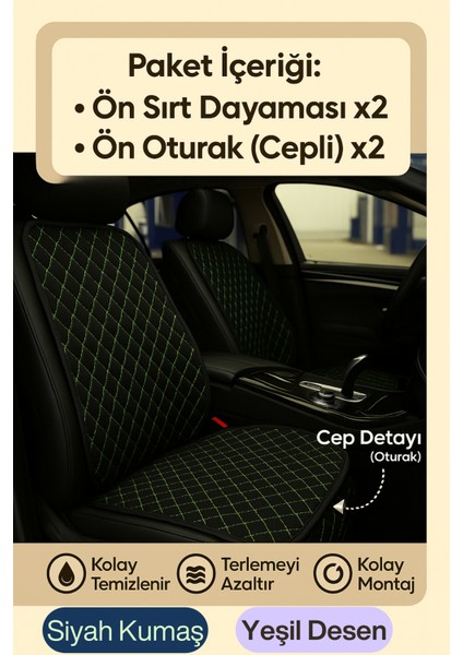 Fiat Murat 124 1971-1977 Uyumlu Kumaş Oto Koltuk Minderi Ergonomik Kapitone 2'li Siyah Yeşil
