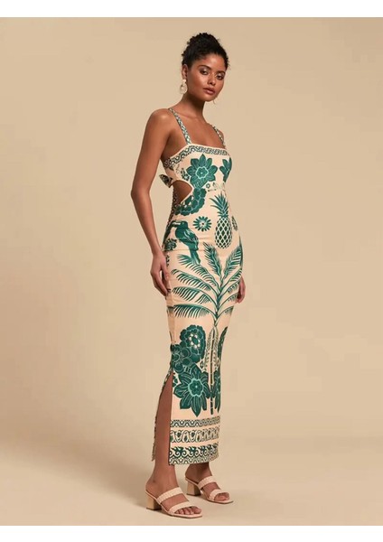 Tropikal Desenli Askılı Bağlamalı Uzun Elbise
