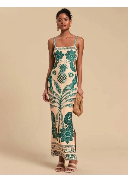 Tropikal Desenli Askılı Bağlamalı Uzun Elbise modelleri