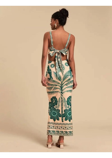 Tropikal Desenli Askılı Bağlamalı Uzun Elbise fırsatları