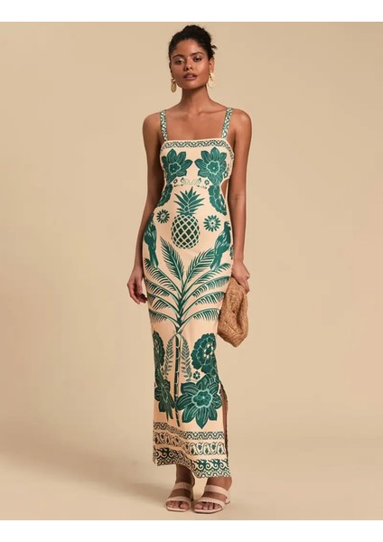 Tropikal Desenli Askılı Bağlamalı Uzun Elbise indirimleri