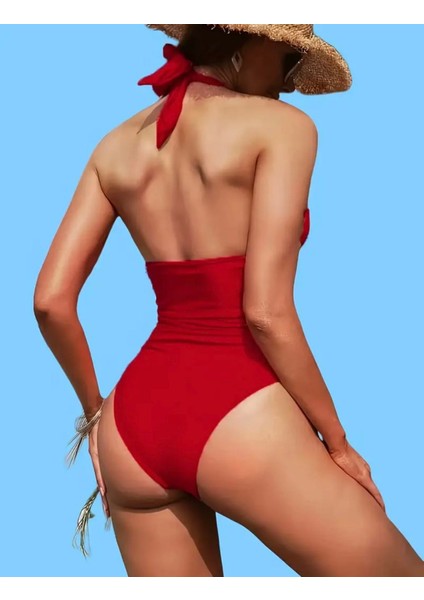 Kırmızı Halter Yaka Şık Tek Parça Mayo modelleri