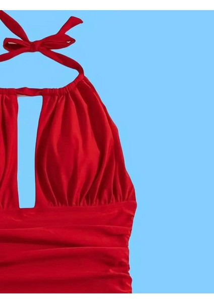 Kırmızı Halter Yaka Şık Tek Parça Mayo fırsatları