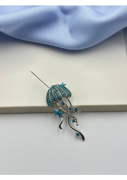 Mavi Taşlı Deniz Anası Konseptli Broş Yaka Iğnesi