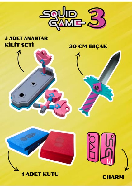 Squid Game 3 Special Set - 30CM Bıçak FIGÜR+3ANAHTARLI Kilit Seti+ Kutu + Charm