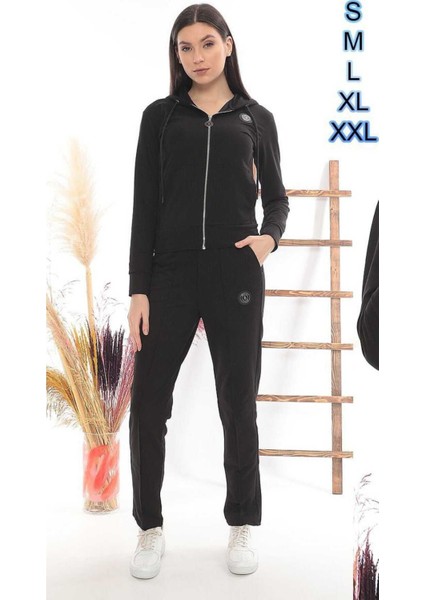 Iki Iplik Kadın Eşofman Takımı Kapüşonlu Fermuarlı Armalı ve Çımalı Boru Paça Pantolonlu