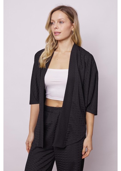 Kadın Likralı Delikli 1.sınıf Kumaş Dantel Yarasa Salaş Rahat Kesim Şık Hırka-Siyah fiyatları