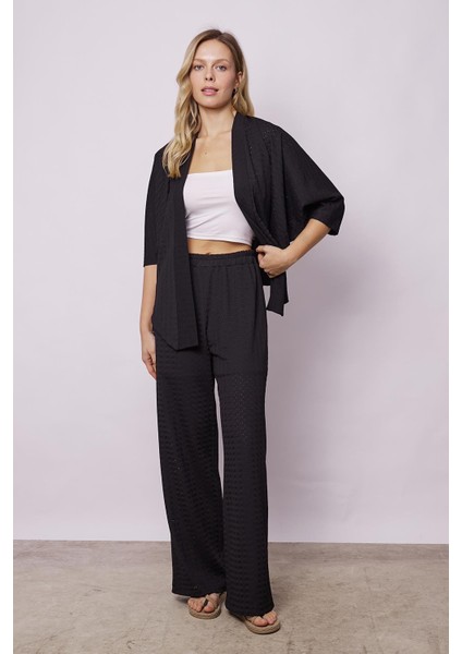 Kadın Likralı Delikli 1.sınıf Kumaş Dantel Yarasa Salaş Rahat Kesim Şık Hırka-Siyah fırsatları