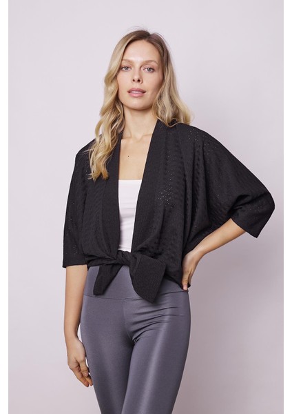 Kadın Likralı Delikli 1.sınıf Kumaş Dantel Yarasa Salaş Rahat Kesim Şık Hırka-Siyah indirimleri