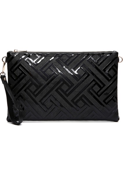 Kadın Siyah Zincir Askılı Desenli Rugan Portföy Çanta 25WBD220516