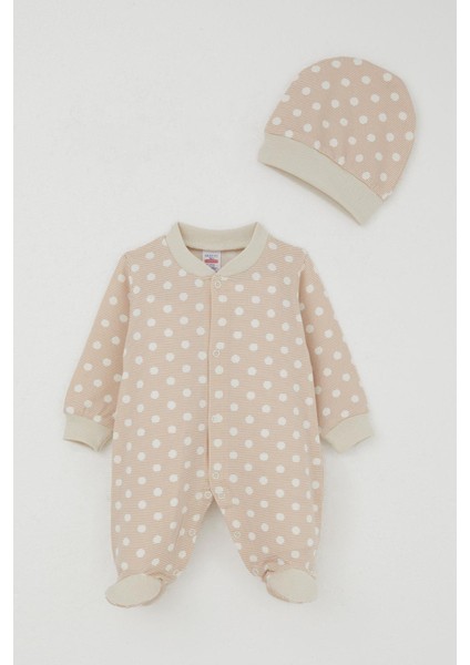 Erkek Bebek Patikli Tulum Çizgili Puantiye Desenli 0-6 Ay, Bej