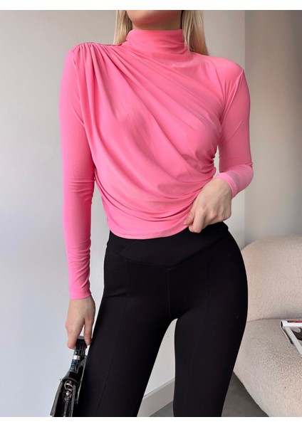 Kadın Bluz Uzun Kollu Dik Yaka Büzgü Detaylı Likralı Sandy