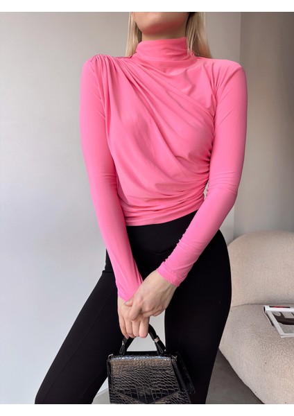 Kadın Bluz Uzun Kollu Dik Yaka Büzgü Detaylı Likralı Sandy fiyatları