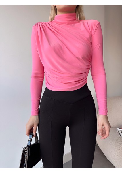 Kadın Bluz Uzun Kollu Dik Yaka Büzgü Detaylı Likralı Sandy modelleri