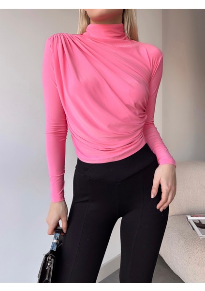 Kadın Bluz Uzun Kollu Dik Yaka Büzgü Detaylı Likralı Sandy