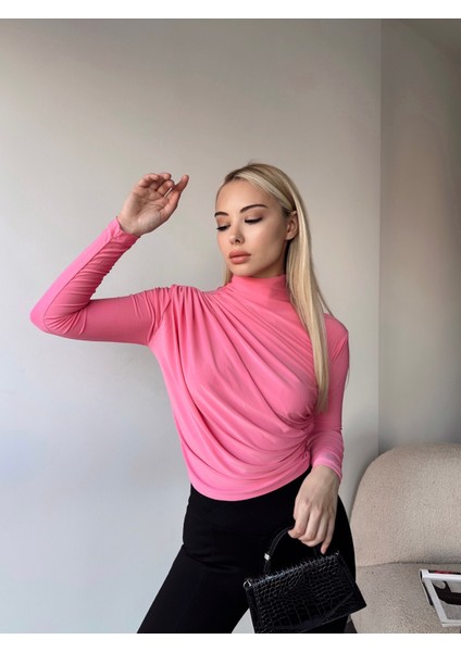 Kadın Bluz Uzun Kollu Dik Yaka Büzgü Detaylı Likralı Sandy