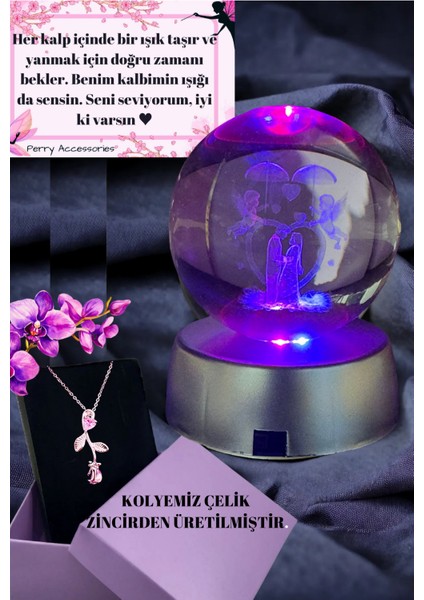 Çelik Ters Kalp Kalp Gül VE3D Sevgili Çift Kar Küresi Sevgililer Günü Hediyelik Set