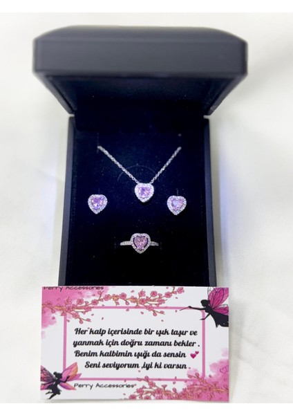 Özel Işıklı Kutuda Pembe Kalp Kolye Küpe Yüzük Kararmaz Çelik Kuğu Kolye Sevgiliye Hediye Kolye