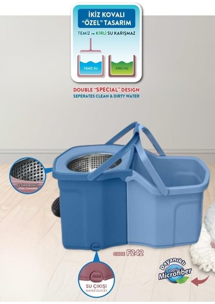 Twin Turbo Pedallı Çelik Mop Set, Temiz - Kirli Suyu Ayıran Otomatik Temizlik Seti 1+1 Mop- Videolu modelleri
