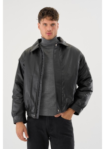 Erkek Siyah Deri Oversize Basic Mont&ceket