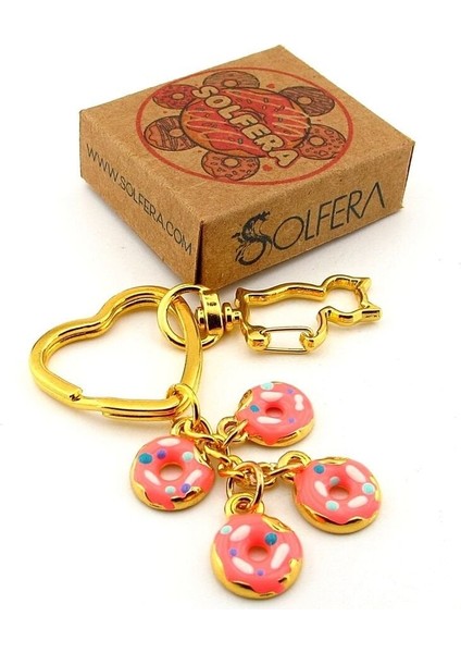 Pembe Donutlar Kedi Figürlü Kalp Çanta Süsü Charm Anahtarlık KY046
