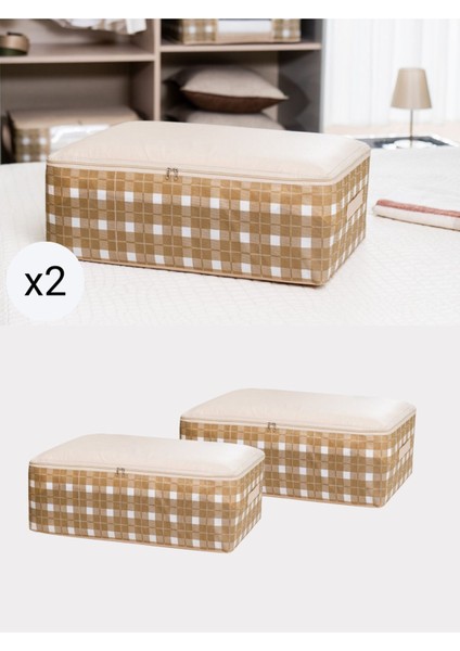 2'li Bej Kare Ekose Baza Altı Düzenleyici Hurç Seti 60X40X20 cm