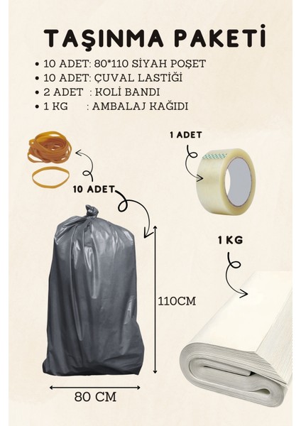 10 Adet 80X110 Siyah Battal Boy Ev Taşıma Poşeti Taşınma Çuvalı 1 Adet 45X100 Koli Bandı 1 kg Ambalaj Kağıdı Taşınma Seti