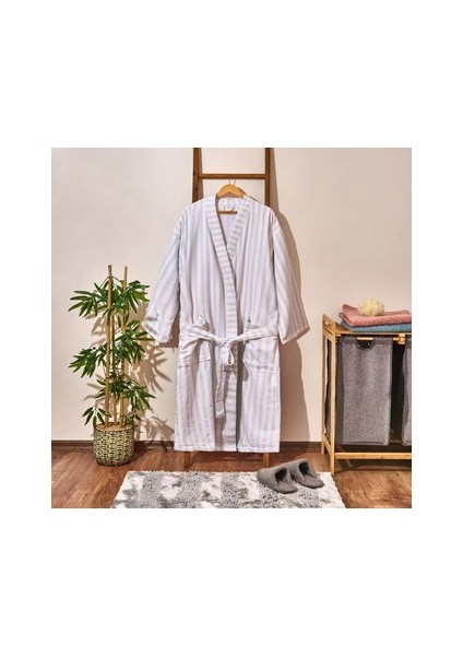 Soft Kimono Çizgili Erkek Bornoz - Beyaz / Mavi - S / M