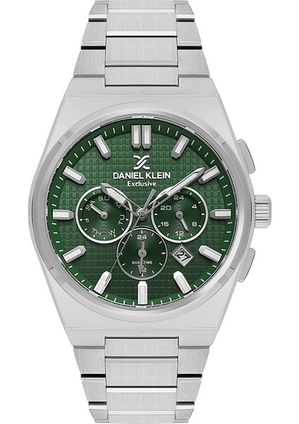 DKE.1.13981.8 Nefti Yeşil Gümüş Mikro Kare Desenli Takvimli Fosforlu Çelik Kordonlu Erkek Kol Saati