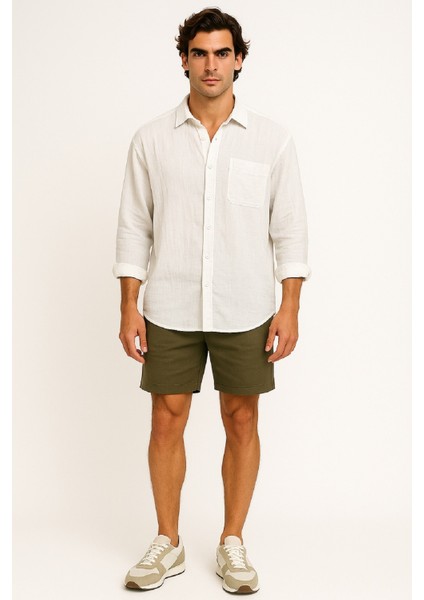 Erkek Uzun Kollu Oversize Cepli Müslin Keten Gömlek