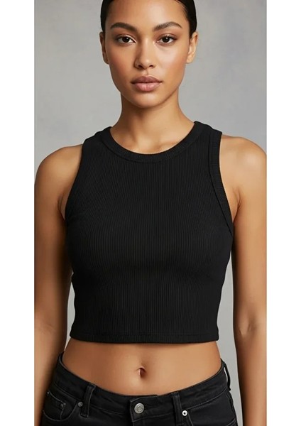 Kadın Zargo Model Fitted/vücuda Oturan Geniş Biyeli Halter Yaka Fitilli Esnek Örme Crop Bluz