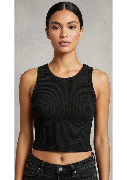 Kadın Zargo Model Fitted/vücuda Oturan Geniş Biyeli Halter Yaka Fitilli Esnek Örme Crop Bluz fiyatları