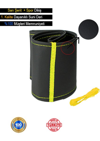 Mini One Özel Süper Deri Direksiyon Kılıfı, Sarı Şeritli Spor Dikiş