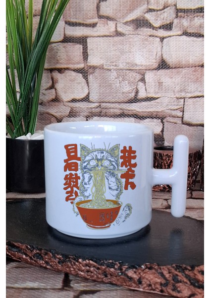 Ramen Kedi Noodle 2 Baskılı Sevimli Japon Manga Baskılı T Kulplu Latte Fincanı Kupa Bardak