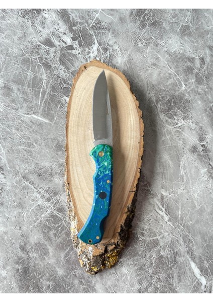 Mavi Epoksi Kamp Çakısı – 8 cm Namlu – Sırttan Kilitli – Kılıf Dahil