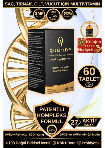 Quarine Saç, Tırnak, Cilt ve Vücut Vitamini (60 Tablet) Dökülme ve Yıpranma Karşıtı Keratin, Biotin, Bitkisel Kök Hücre Extratları,Ginseng ve Multivitamin İçeren Diyet Takviyesi