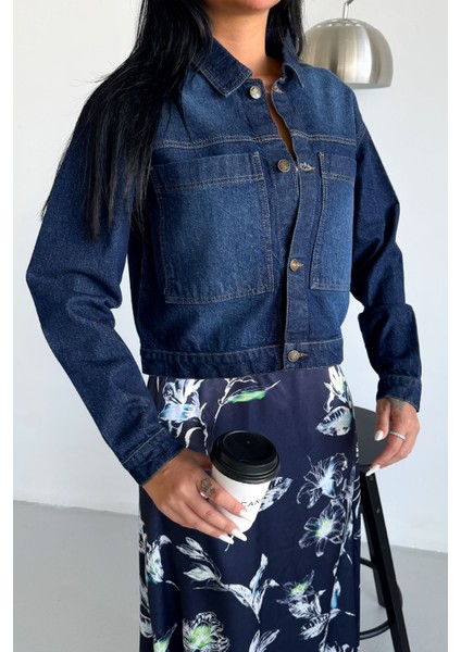 Kadın Koyu Mavi Jean Denim Regular Kalıp Cepli Düğmeli Kot Ceket DİANA-5003 indirimleri